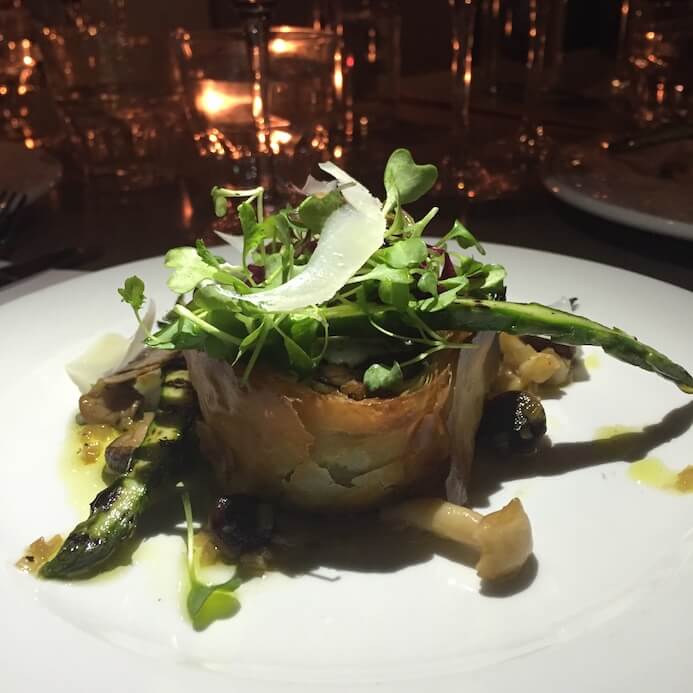 A hearty dish of wild mushroom filo pie with grilled asparagus and Spring truffle from Coppinger Row in Dublin