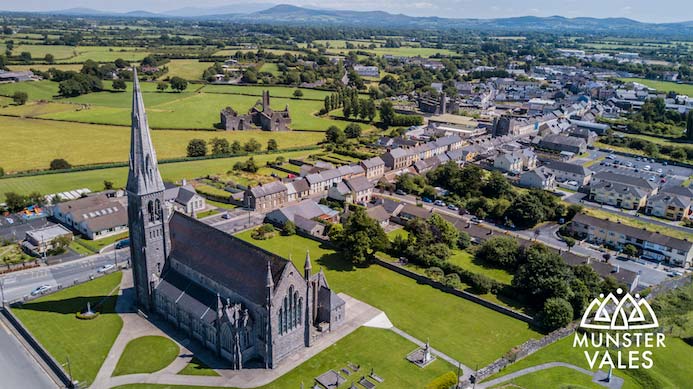 Munster Vales Ireland Travel Guide. Aerial photograph of Munster Vales and the green fields and local towns. Kilmallock Travel Guide