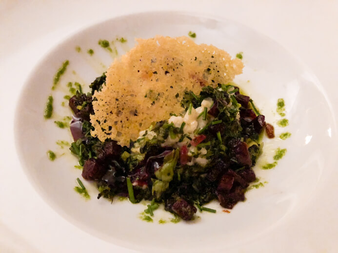 Longueville House Restaurant review - the Valentine's Night main course of creamy beetroot risotto with herbs, spinach and homemade pesto