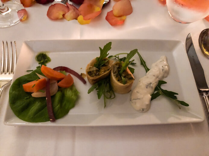 Longueville House Restaurant review - the Valentine's Night starter of lentil spring rolls with pickled vegetables