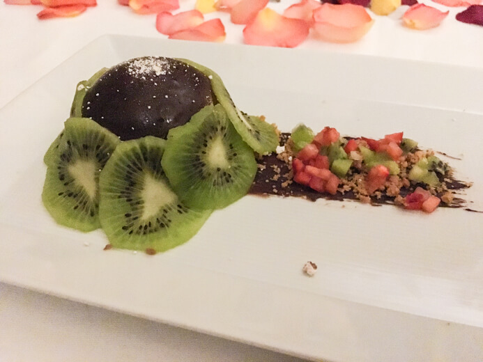 Longueville House Restaurant review - the Valentine's Night dessert of chocolate mousse with rose and cocoa and ginger crumb and kiwi.