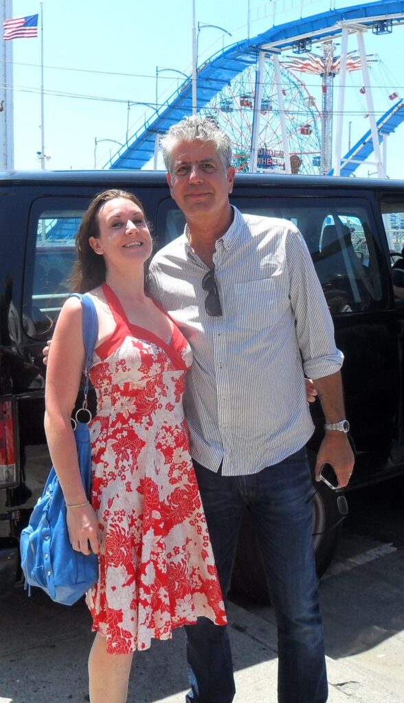 Food and wine writer Melanie May photoed with food writer, and her hero, Anthony Bourdain.