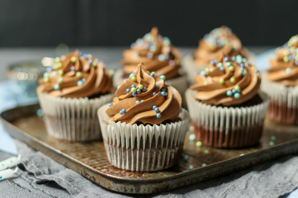 Food photography and styling Chocolate frosted cupcakes