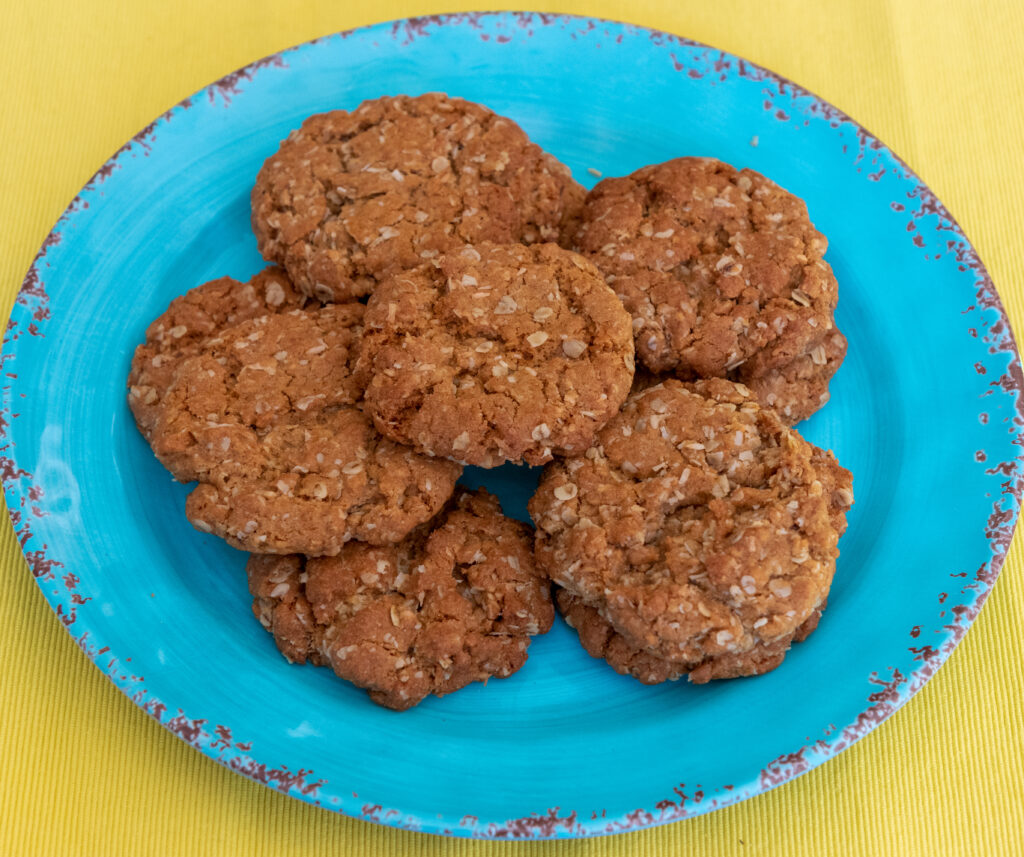 ANZAC Biscuits on a blue plate