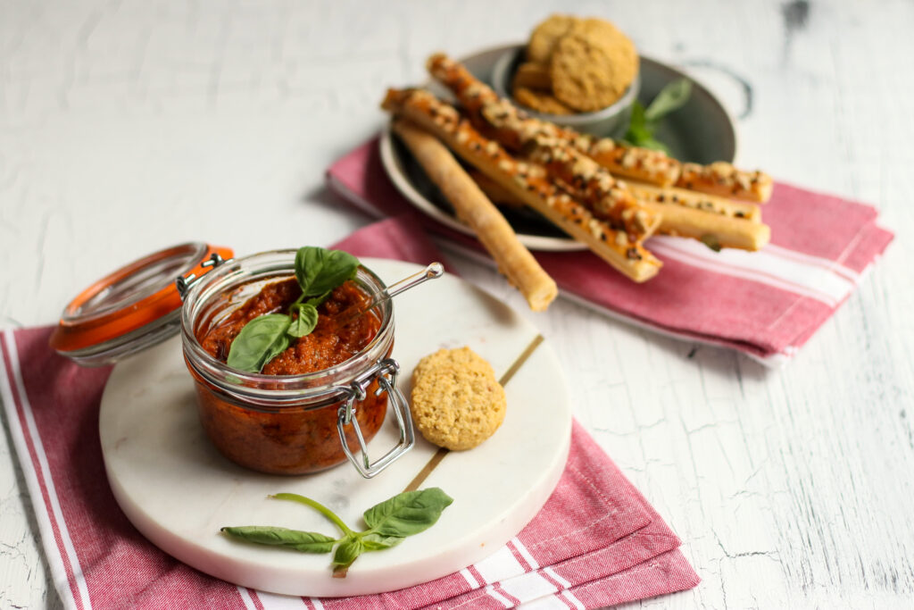 Jar of sauce and crackers - food photography and styling by Melanie May