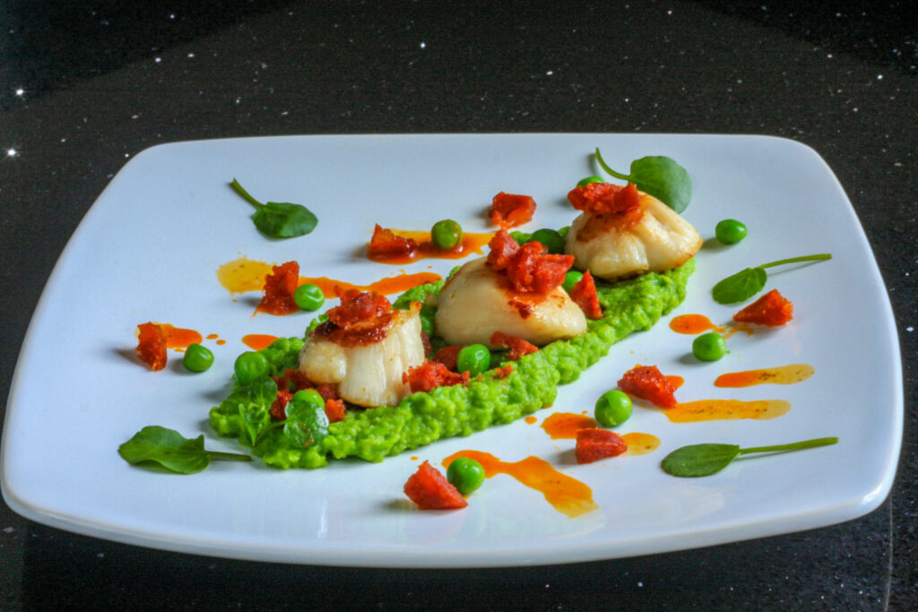 Scallops and pea puree